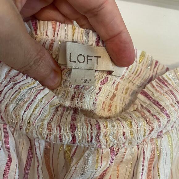 Ann Taylor Loft Cotton Metallic Shimmer Stripe Bow Strap Smocked Cami Top Size L - Picture 3 of 13